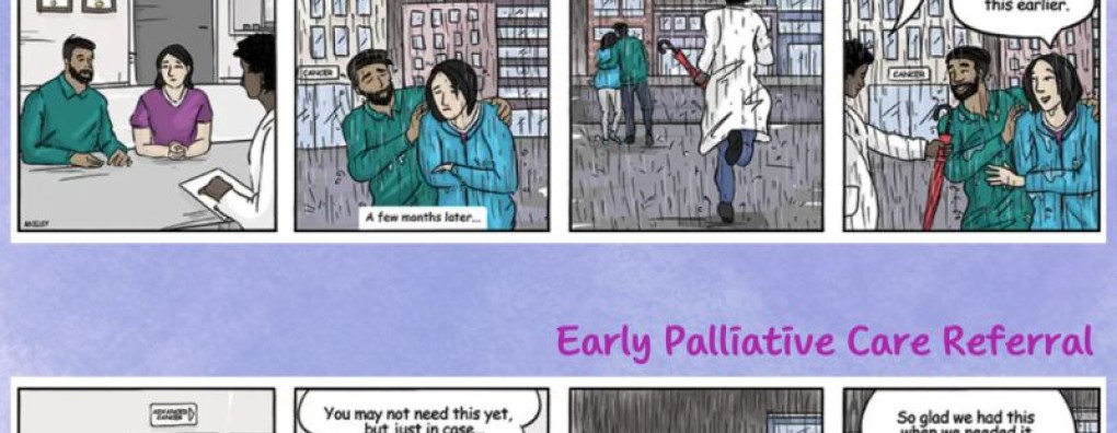 Pakkende strip toont: “Palliatieve zorg is de paraplu, niet de regen.”